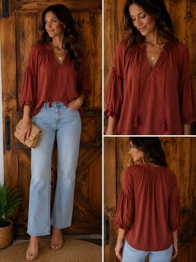 Alamar Rust Tie-Front Peasant Tunic